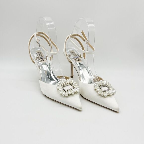 Badgley Mischka Shoes - Badgley Mischka Nicky Satin Pointed Toe Embellished Heel in Soft White, Size 8